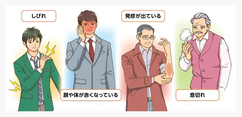 過敏症の症状（しびれ［知覚の異常］、顔や体の皮膚が赤くなる[潮紅]、発疹、息切れ）がある